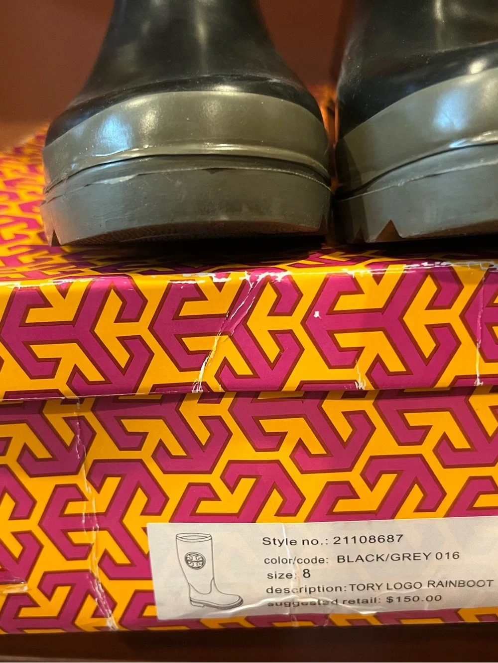 Tory Burch Black Rain Boots with Grey Trim and Logo